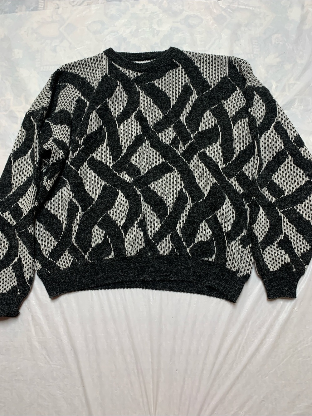 Vintage 90s Wool Black Gray Graphic Crewneck Grandpa Sweater Size 2XT